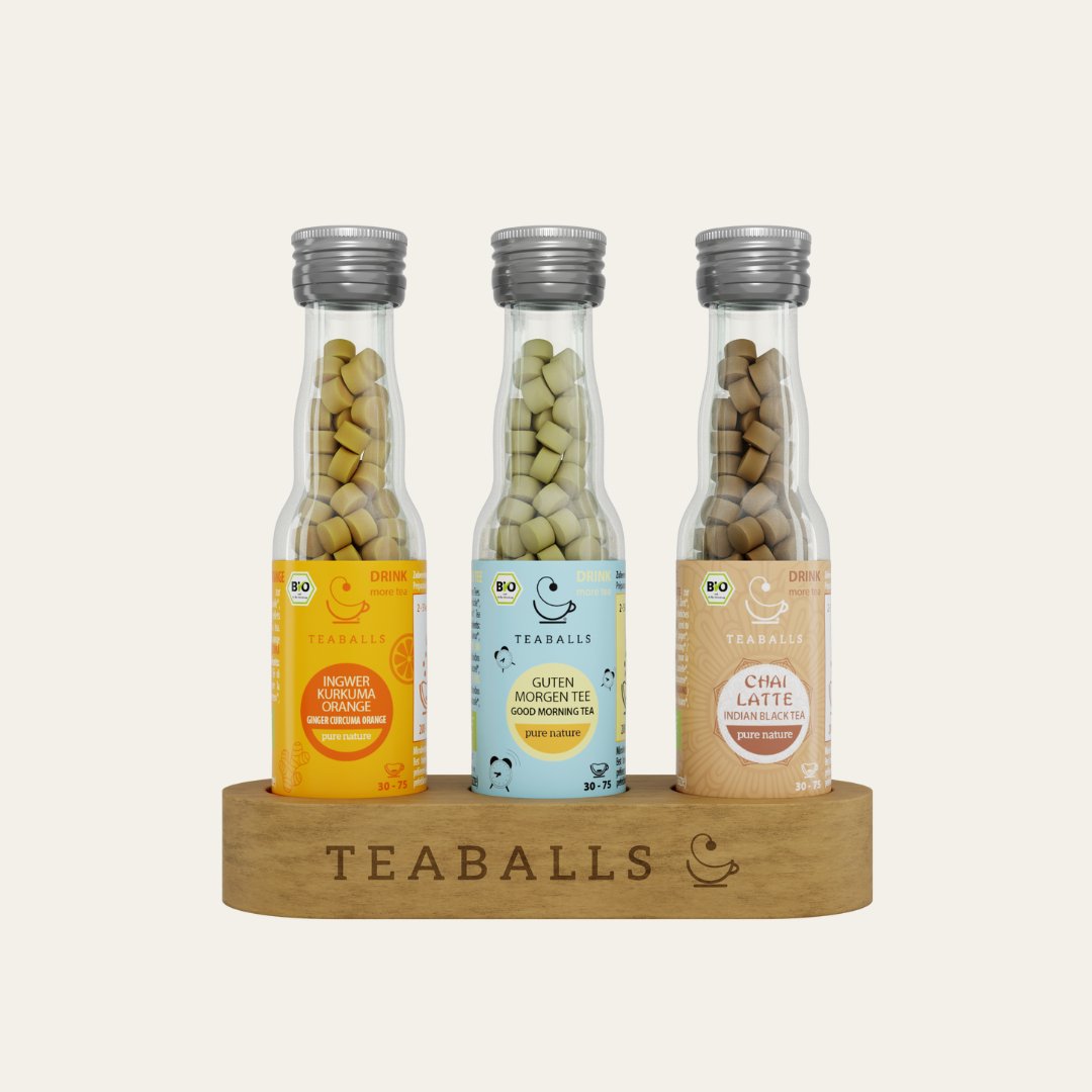 Three organic tea varieties in the TEABALLS FEEL GOOD Trio Set - Bio-Teesortiment